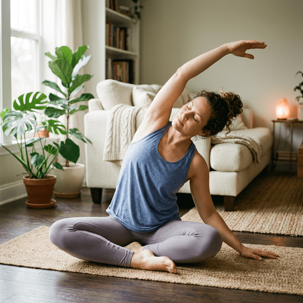 Woman sitting cross-legged on a rug doing a side stretch yoga pose in a living room