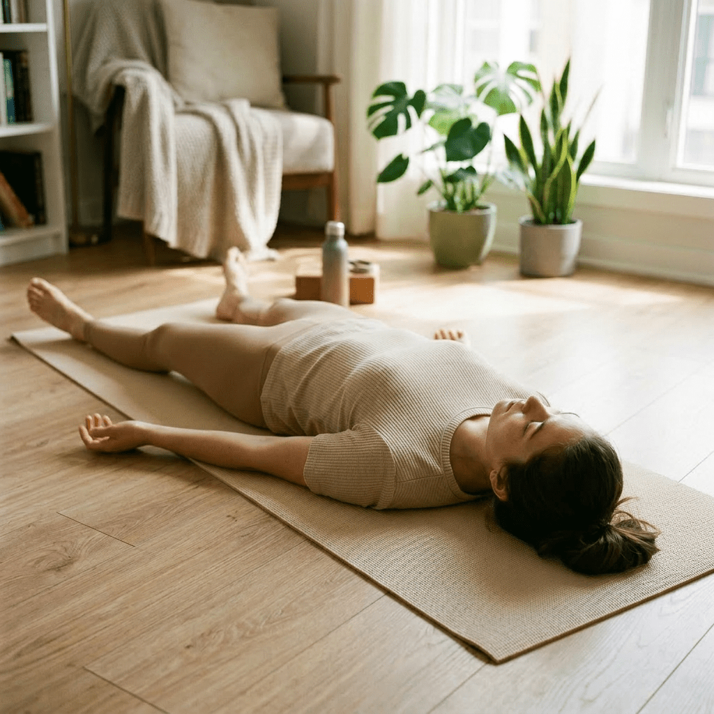 Woman lying on back on yoga mat in relaxation pose indoors