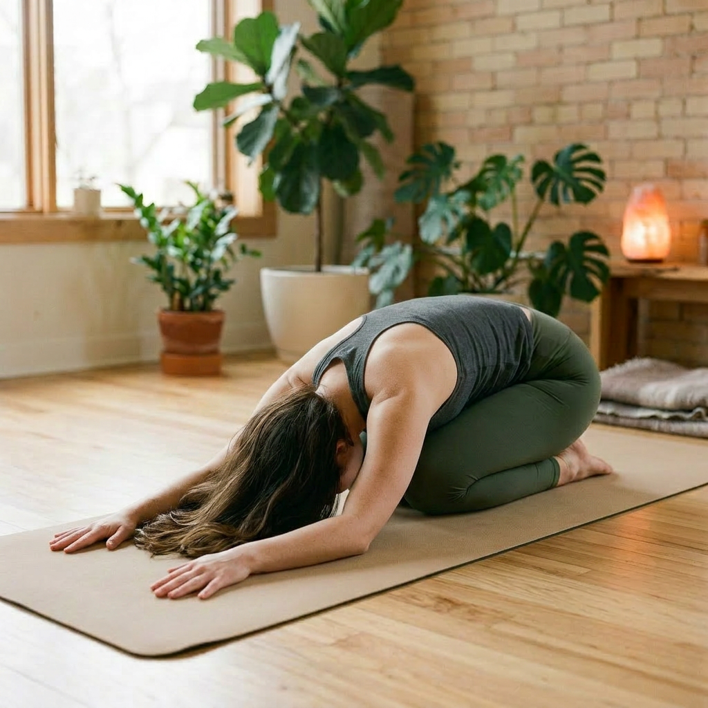 Woman in child’s pose yoga stretch on mat indoors
