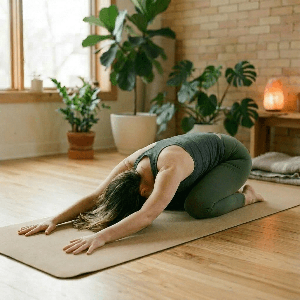 Woman in child’s pose yoga stretch on mat indoors