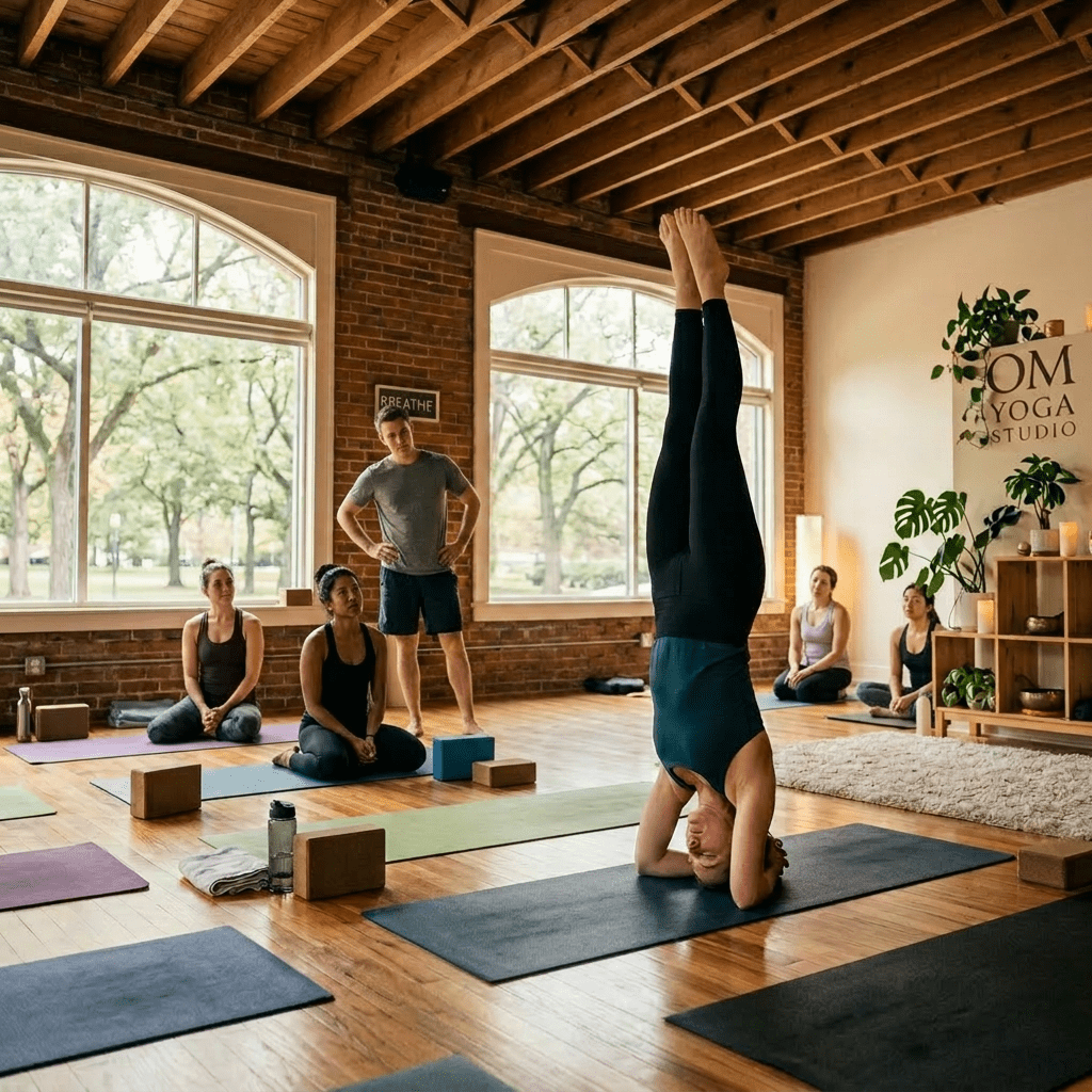 Five people perform headstands on yoga mats in a sunlit studio with large windows and wooden floors